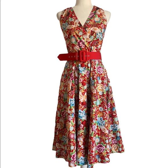 NEW Unique Vintage Red  Floral Halter Dress | Size M - Picture 2 of 16